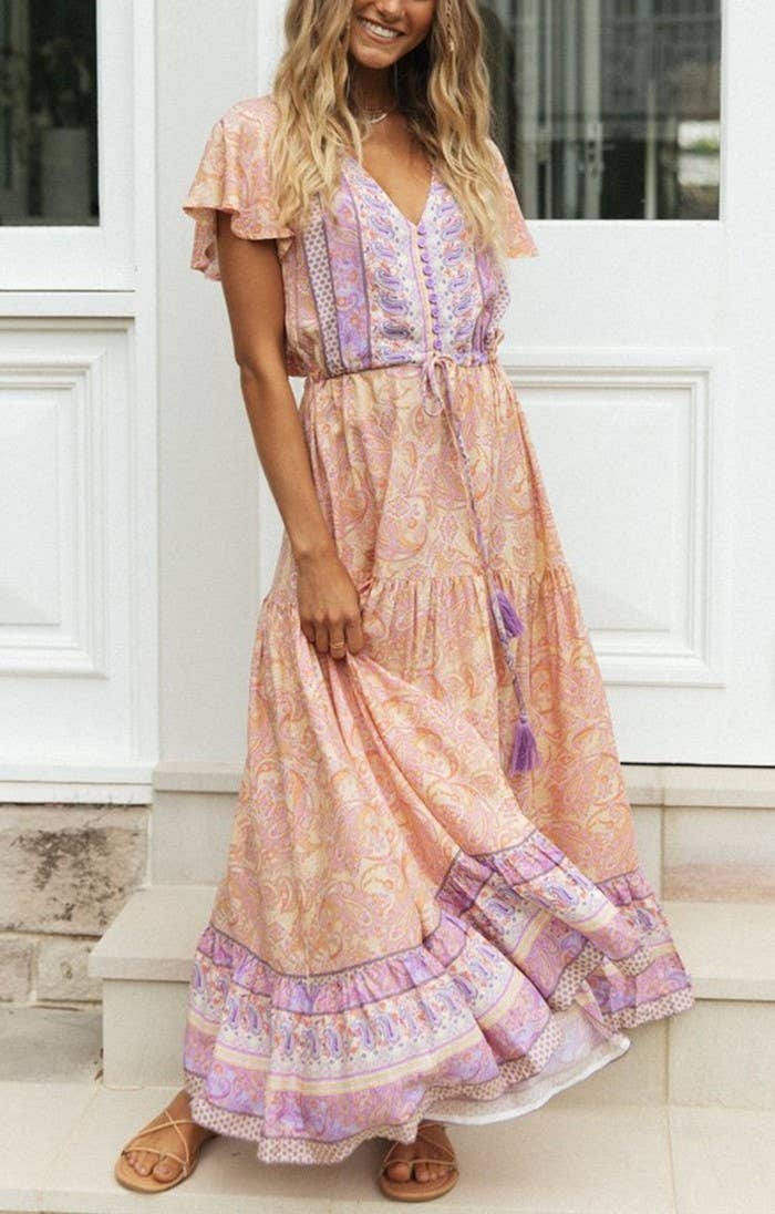 Bohemia Border Print Flutter Sleeve Maxi Dress