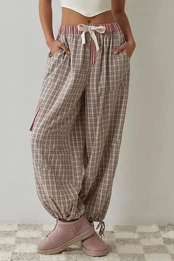 Pink plaid patchwork loose pajama set