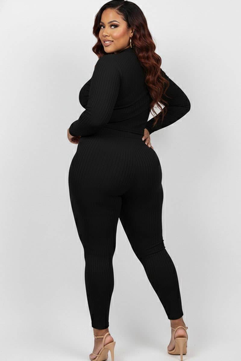 Plus Size Ribbed Mock Neck Long Sleeve Top & Leggings Set