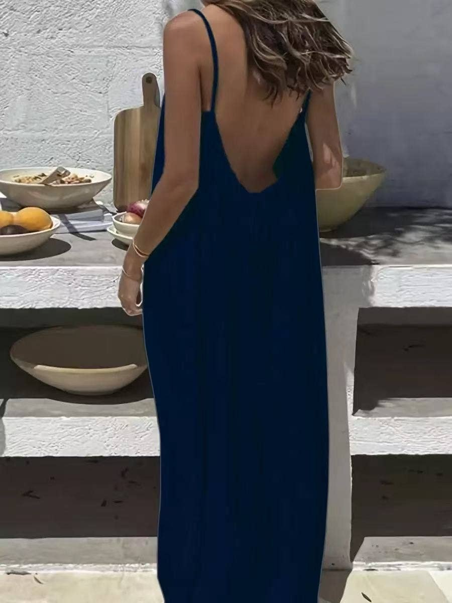 Solid Strap Backless Sundress Loose Maxi Beach Dress