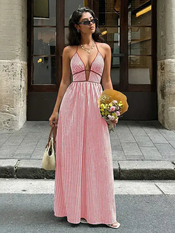 Striped Blend MaxiDress Boho Halter Backless Vacation