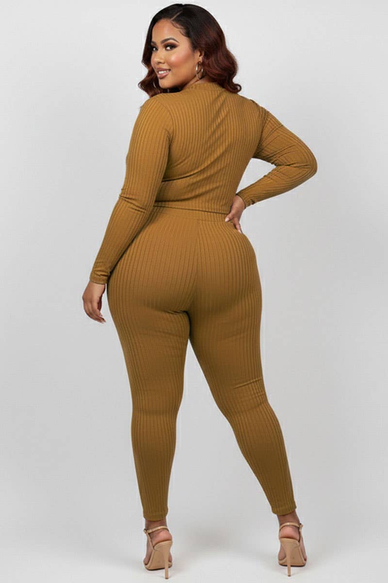 Plus Size Ribbed Mock Neck Long Sleeve Top & Leggings Set
