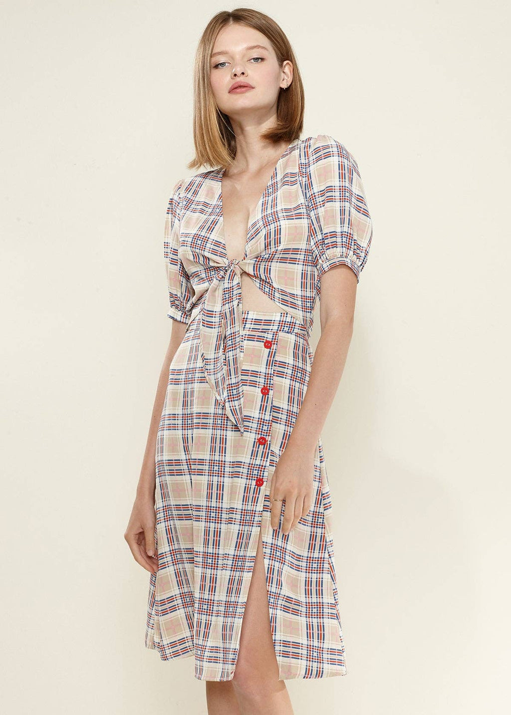 Nurode's Multi Check Front Tie Hem Blouse