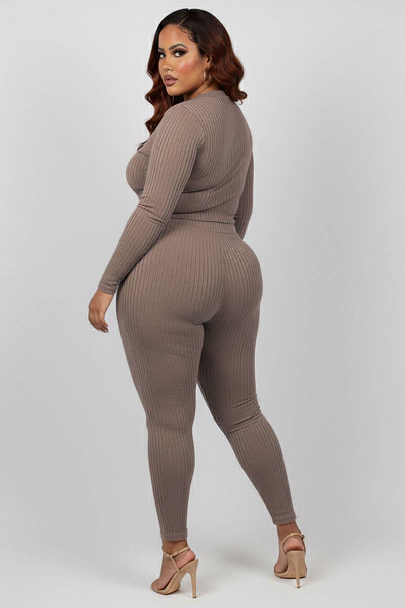 Plus Size Ribbed Mock Neck Long Sleeve Top & Leggings Set