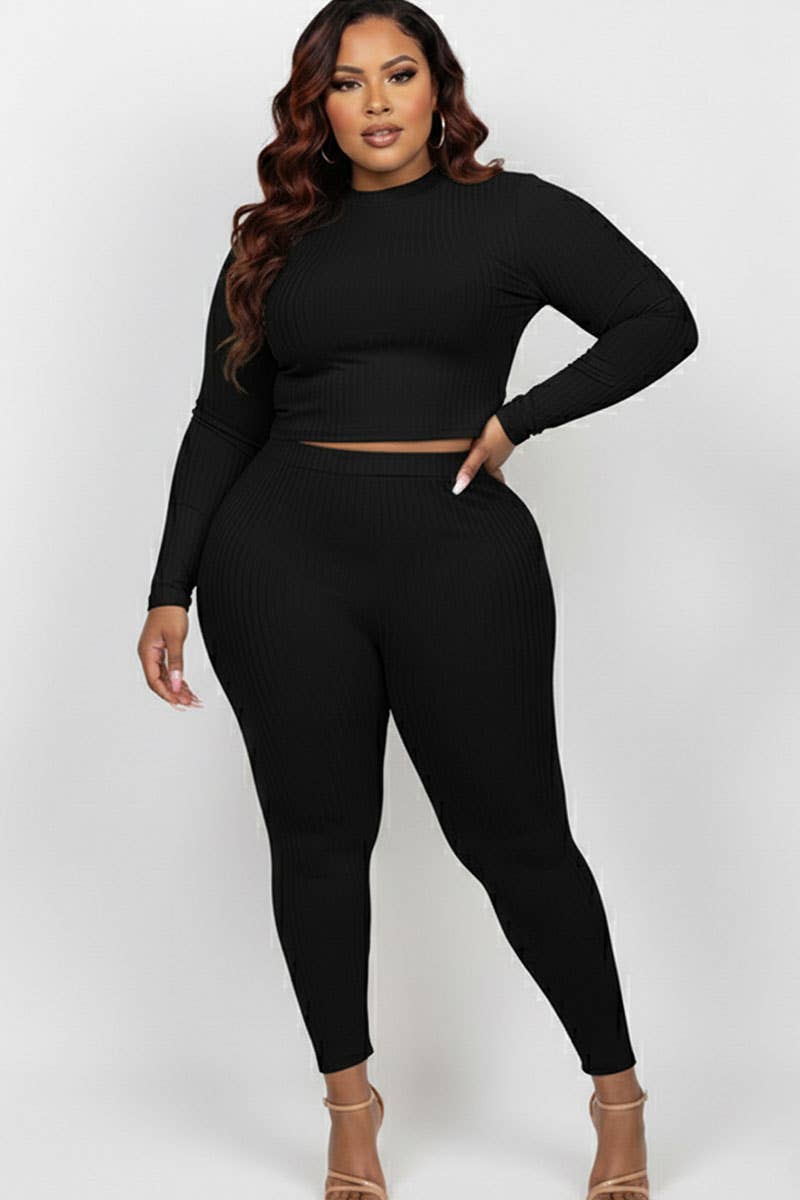 Plus Size Ribbed Mock Neck Long Sleeve Top & Leggings Set