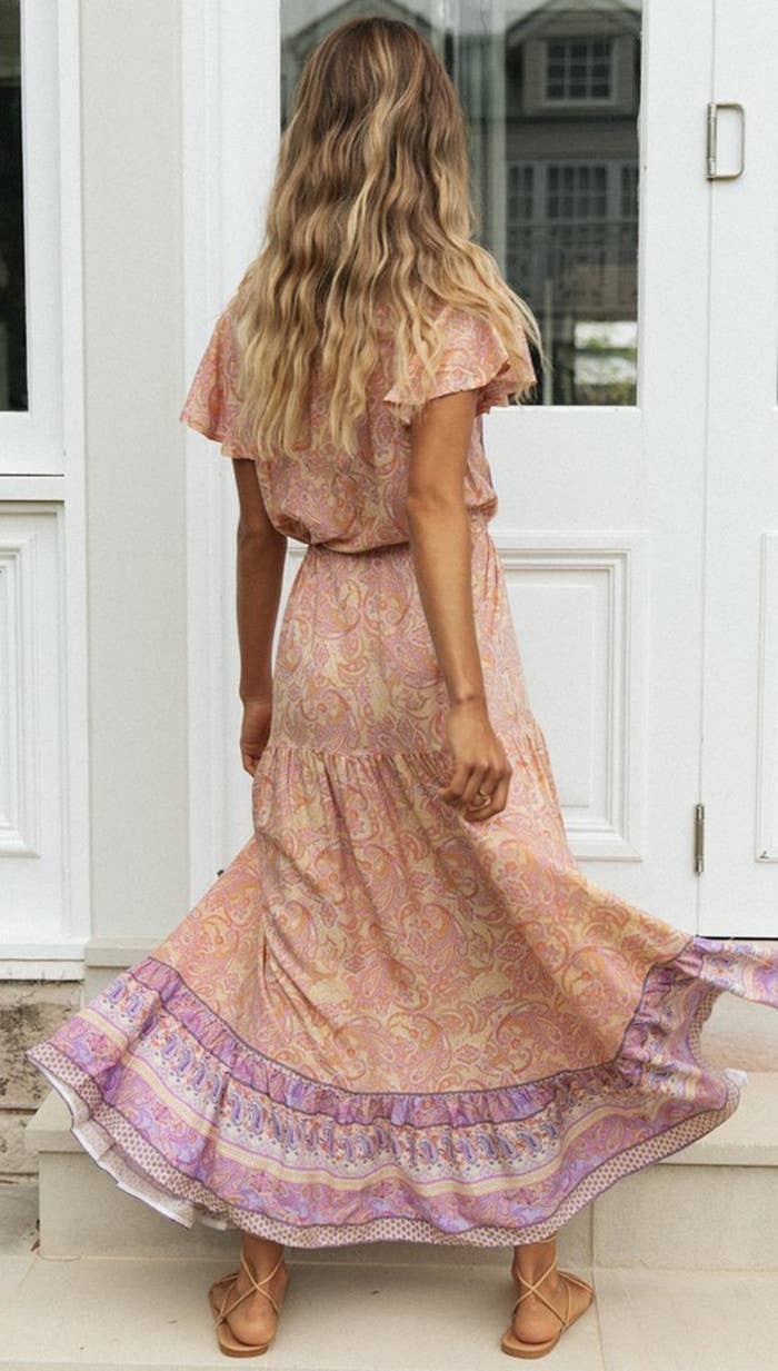 Bohemia Border Print Flutter Sleeve Maxi Dress