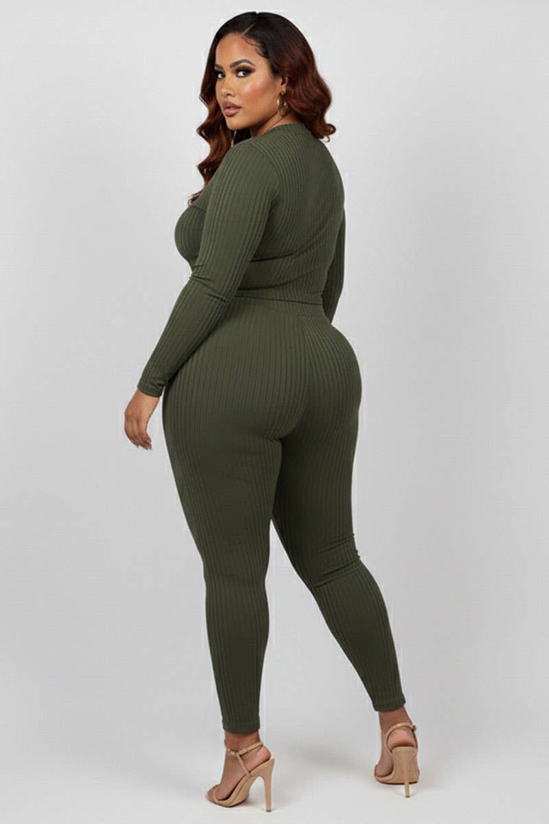 Plus Size Ribbed Mock Neck Long Sleeve Top & Leggings Set