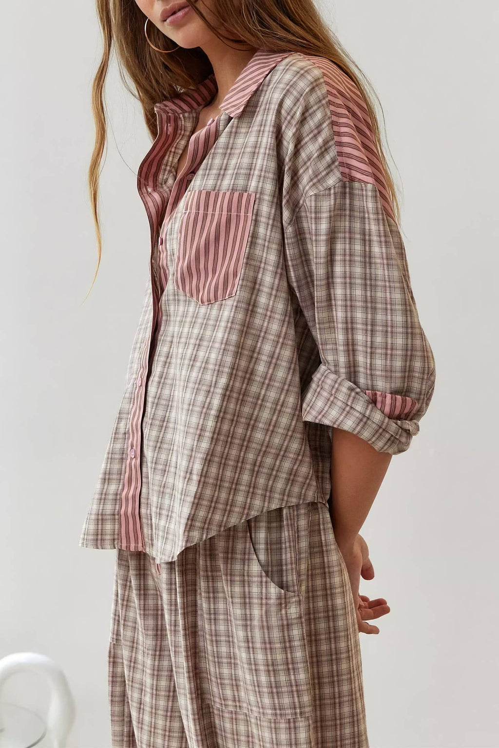 Pink plaid patchwork loose pajama set