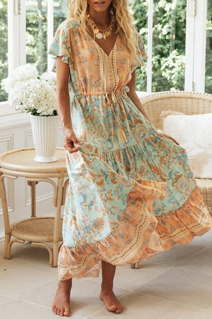 Bohemia Border Print Flutter Sleeve Maxi Dress