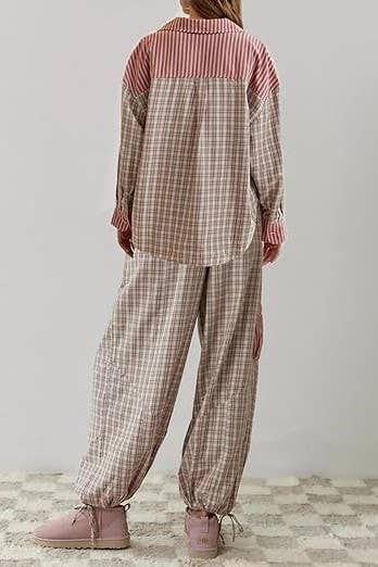 Pink plaid patchwork loose pajama set