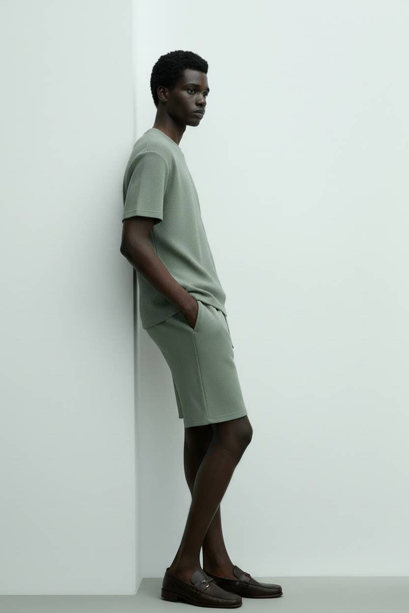 Men's Short Sleeve Textured T-Shirt & Short Set (Green)