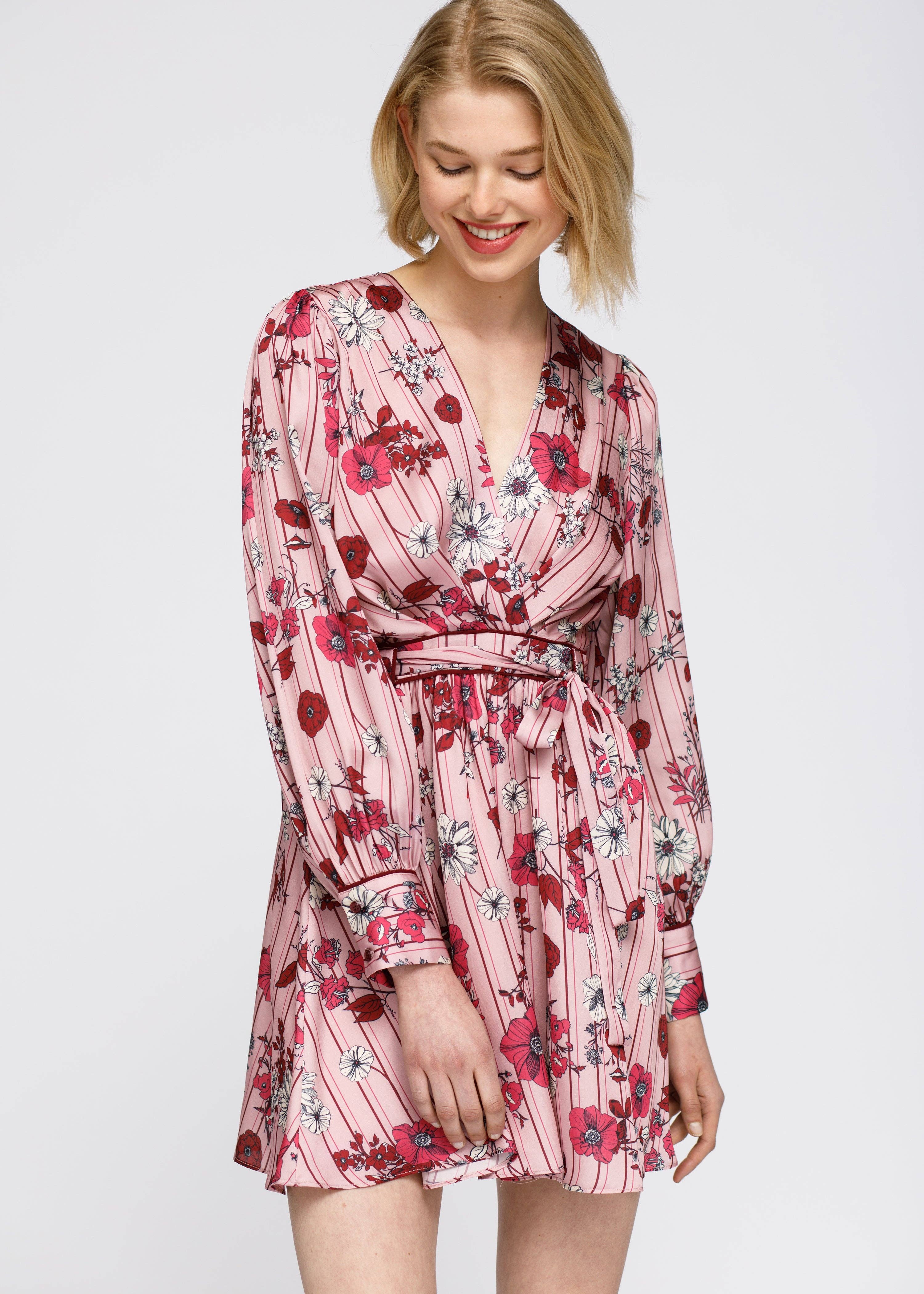 Nurode's Pajama floral Satin Wrap Front Flared Dress