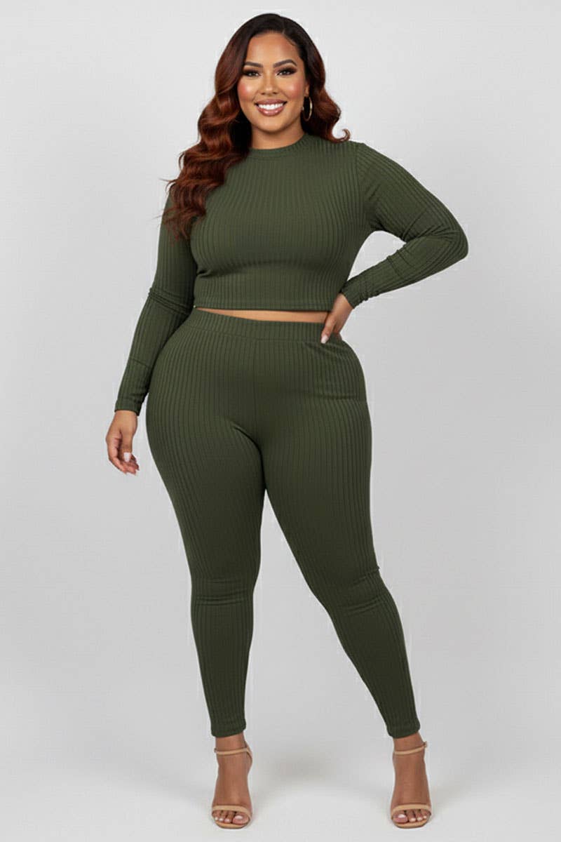 Plus Size Ribbed Mock Neck Long Sleeve Top & Leggings Set