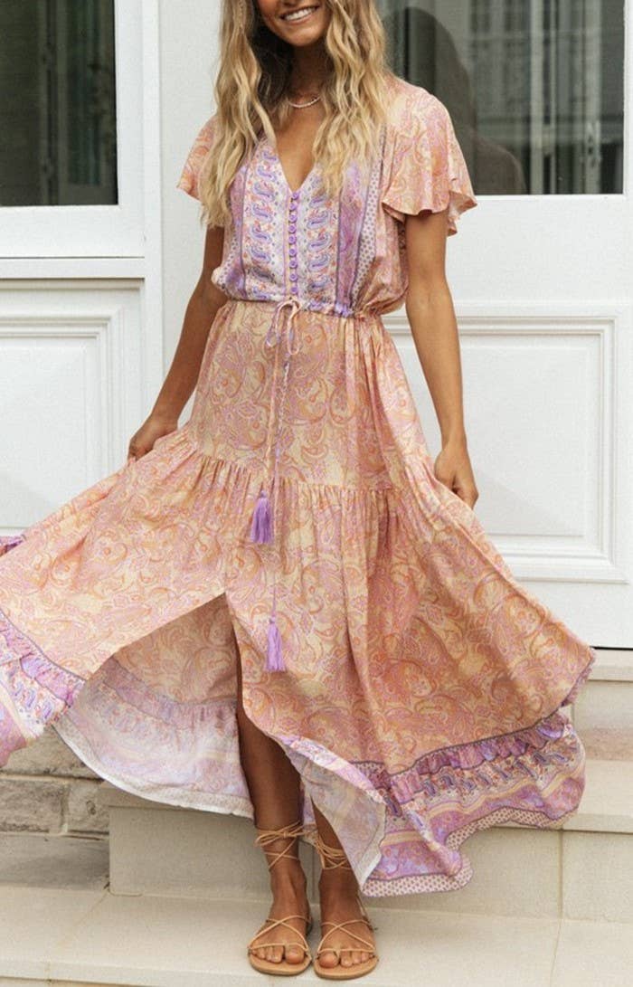 Bohemia Border Print Flutter Sleeve Maxi Dress