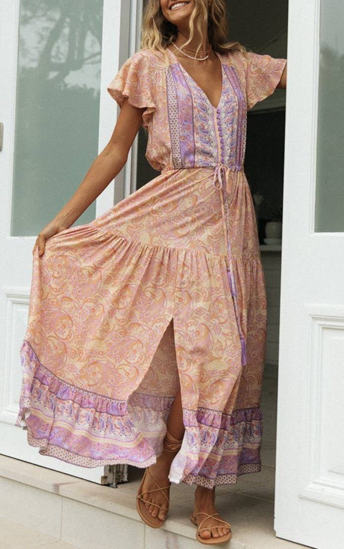 Bohemia Border Print Flutter Sleeve Maxi Dress