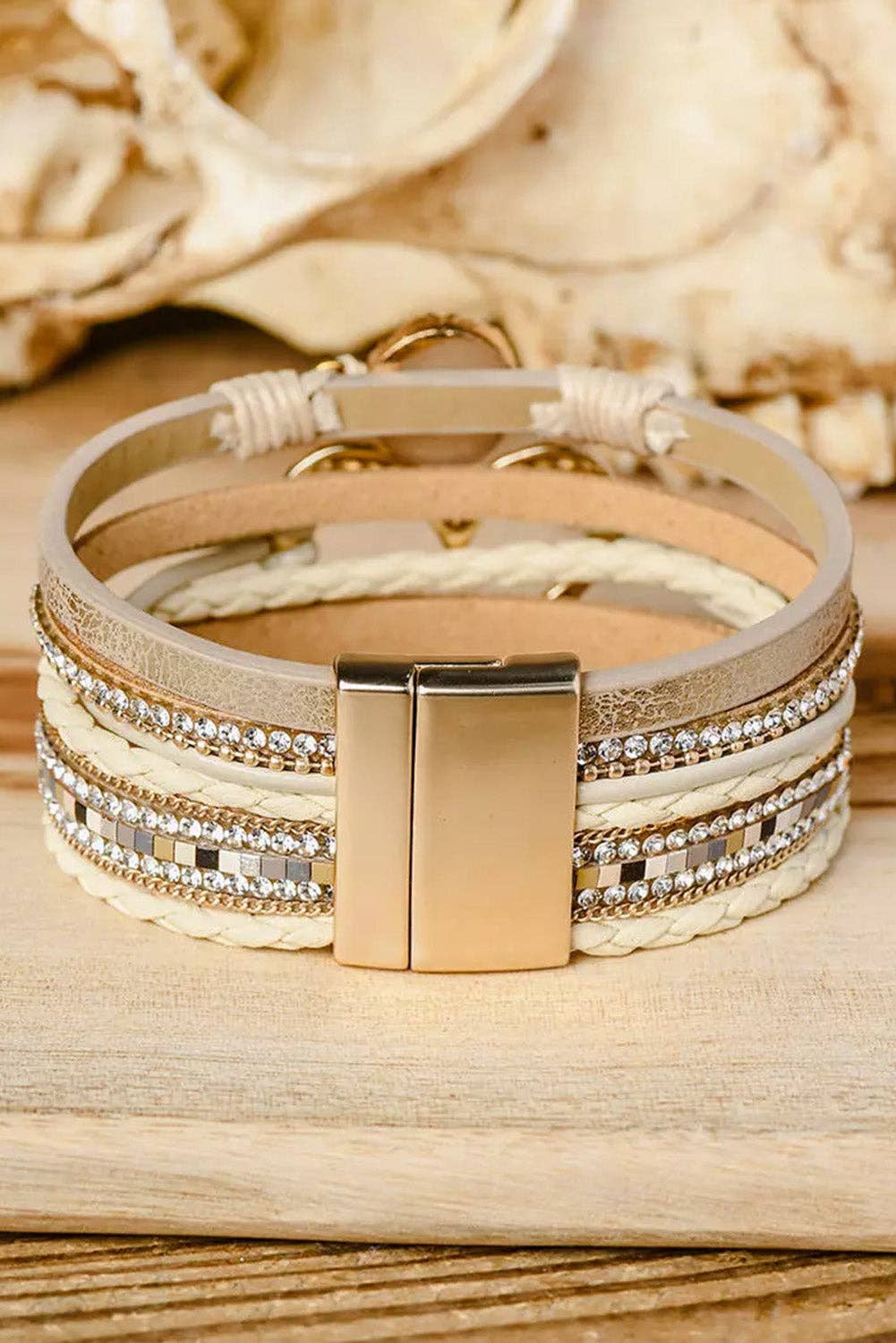 Boho Layered Heart Charm Rhinestone Magnetic Bracelet