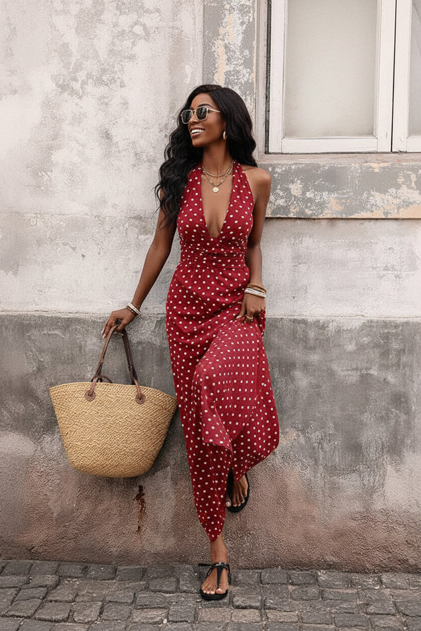 Polka Dot Halter Deep V Resort Maxi Dress