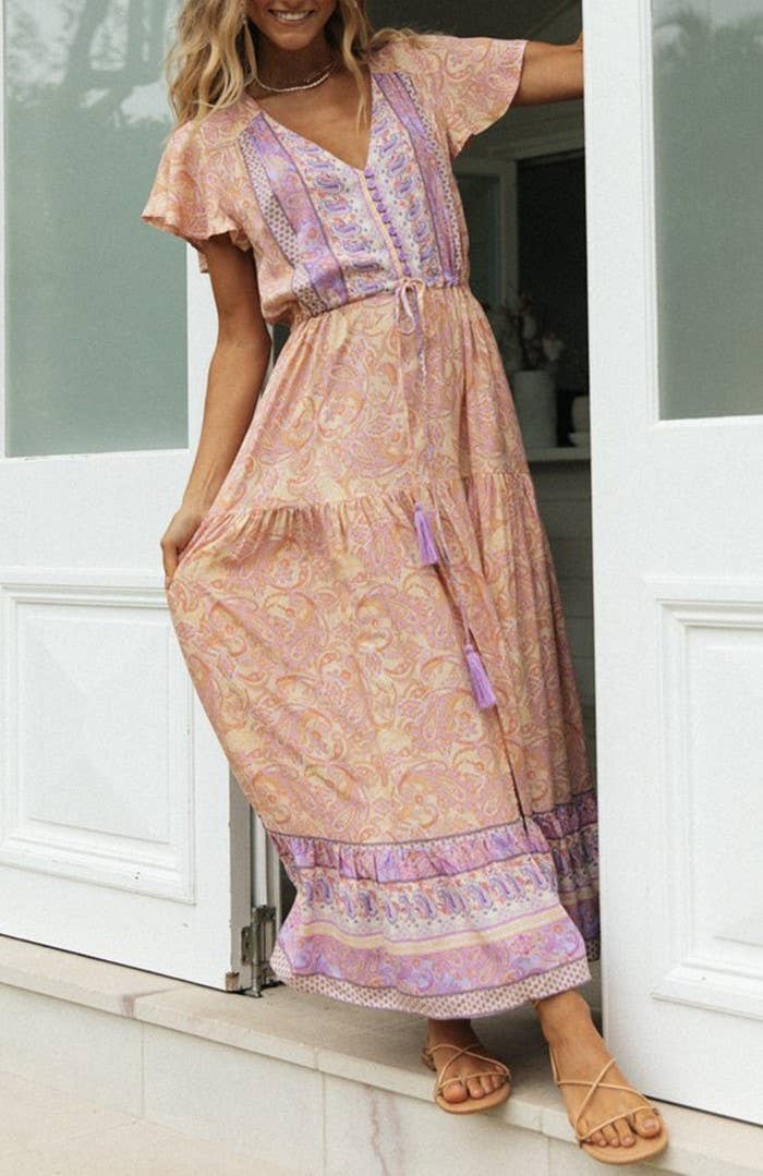 Bohemia Border Print Flutter Sleeve Maxi Dress