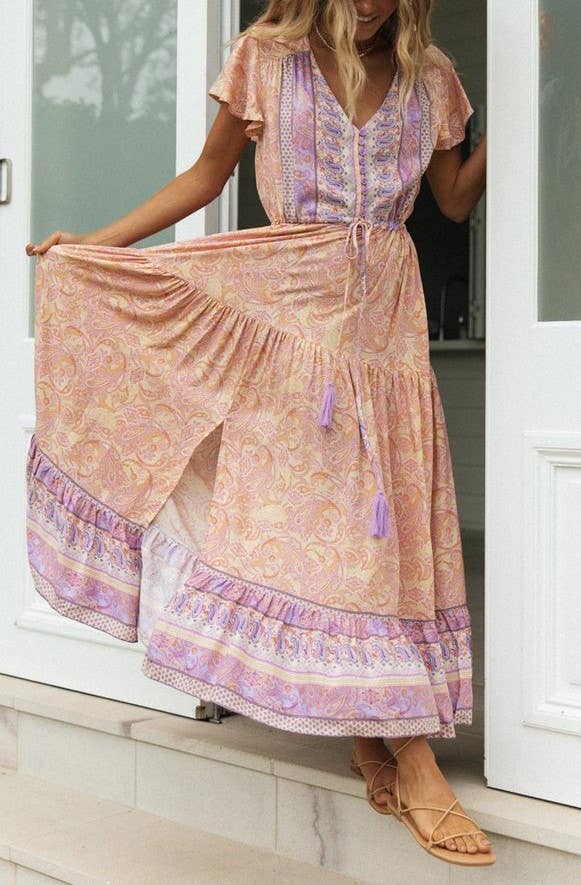 Bohemia Border Print Flutter Sleeve Maxi Dress