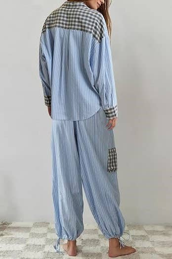 Pink plaid patchwork loose pajama set
