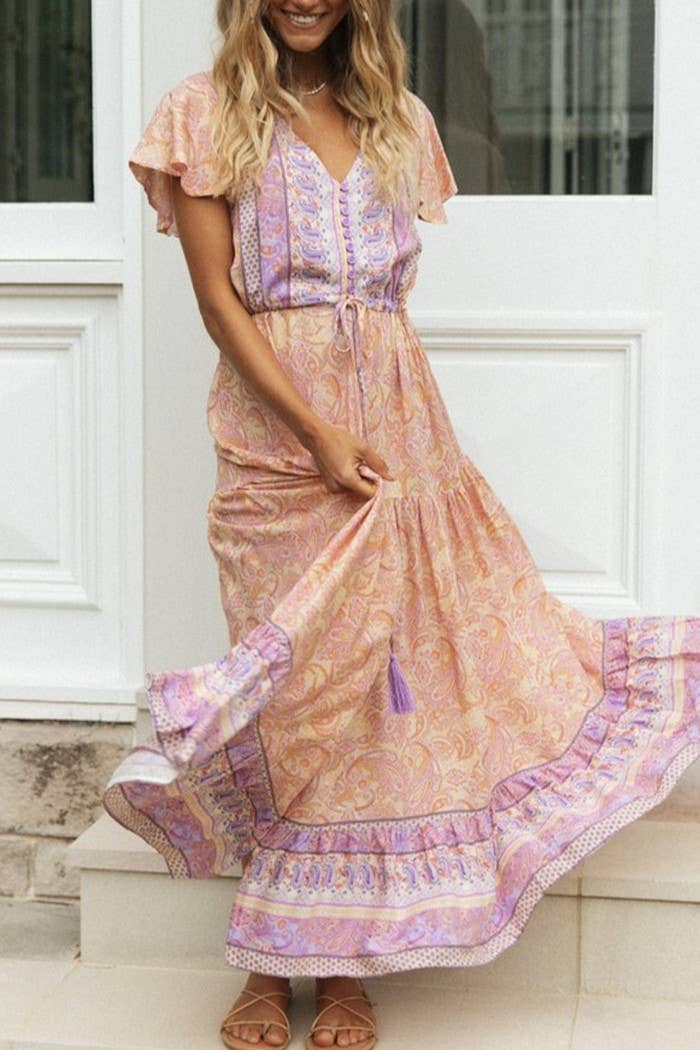 Bohemia Border Print Flutter Sleeve Maxi Dress