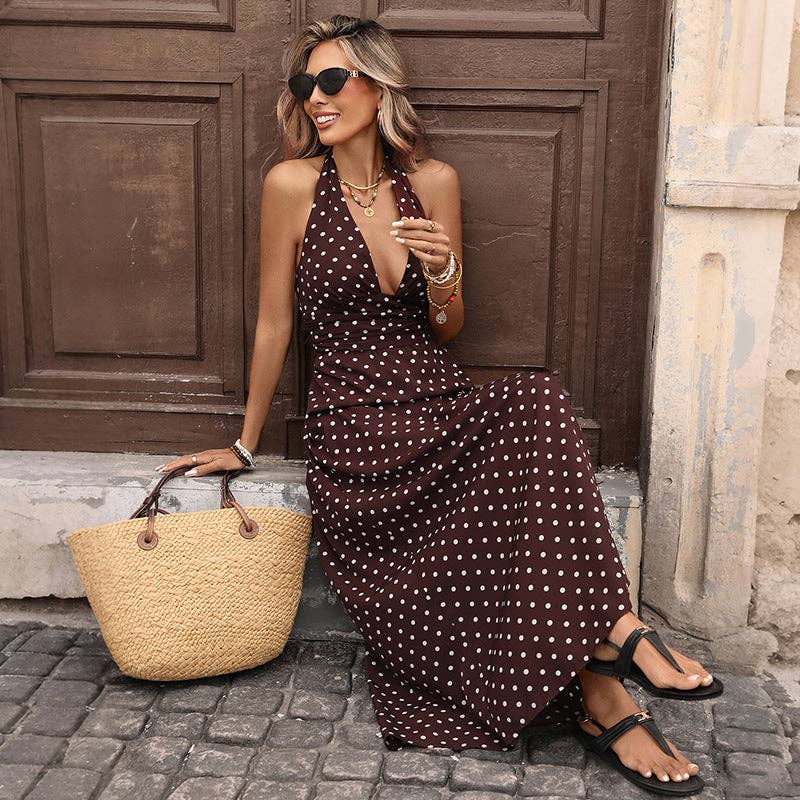 Polka Dot Halter Deep V Resort Maxi Dress