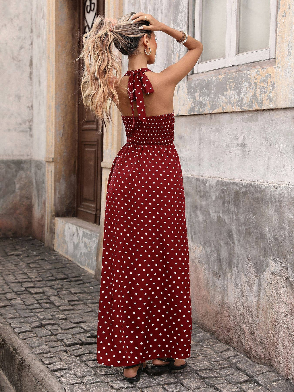 Polka Dot Halter Deep V Resort Maxi Dress