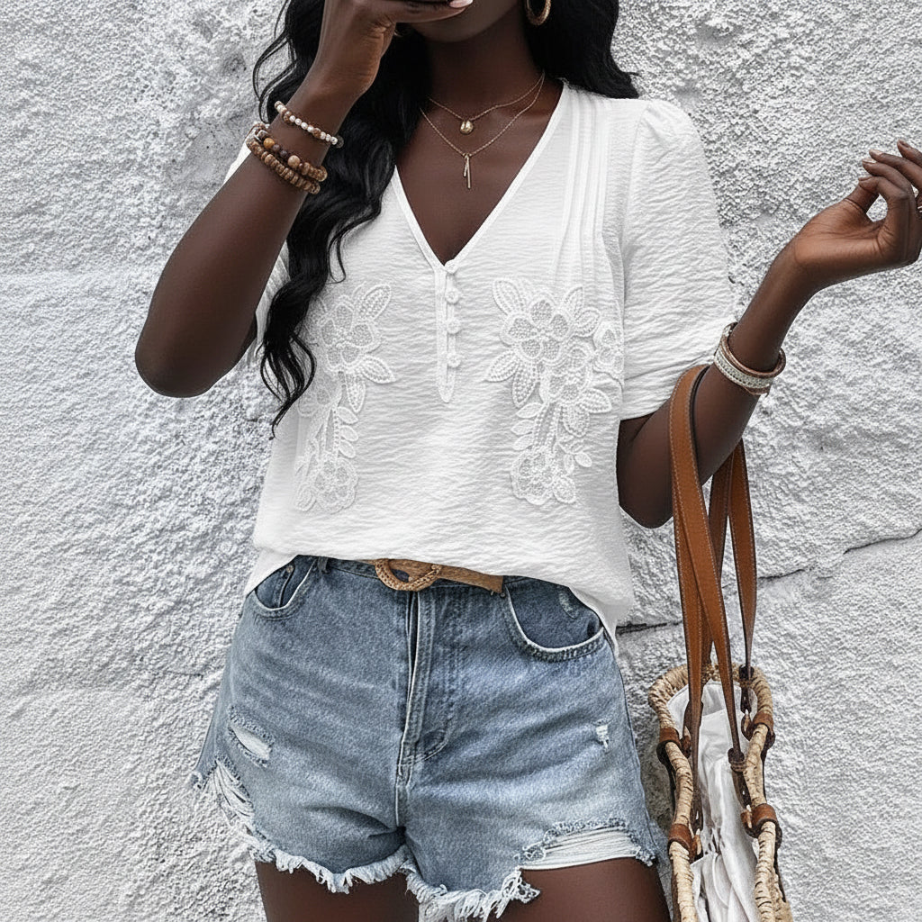 Relaxed Fit Summer Pullover Shirt with V Neck and Detail