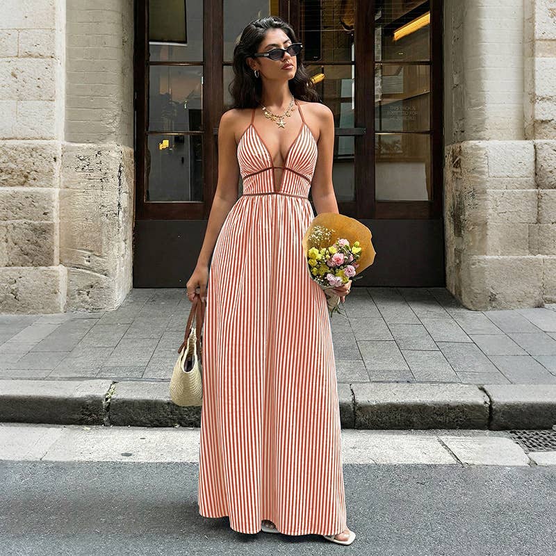 Striped Blend MaxiDress Boho Halter Backless Vacation