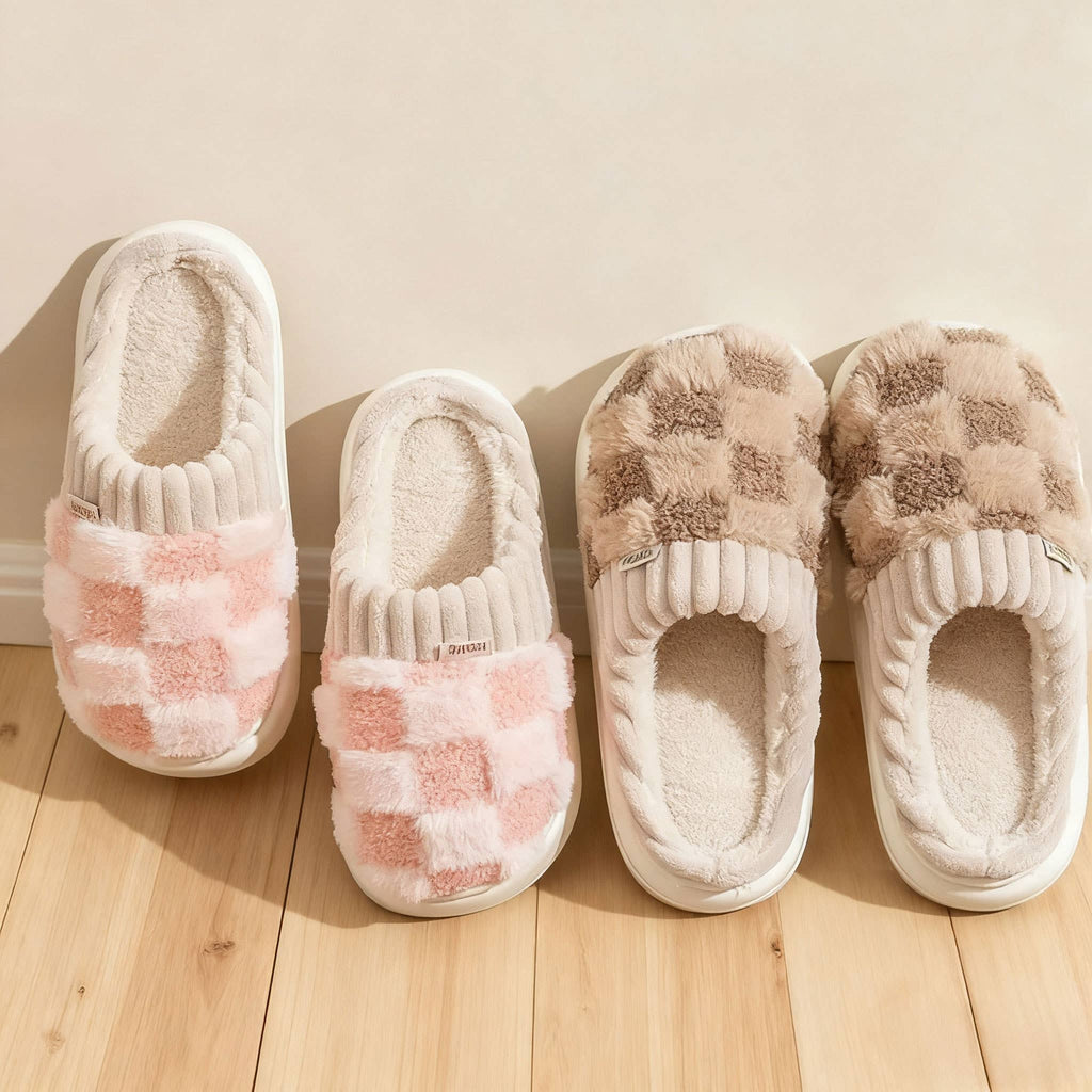 Checkered Fuzzy Warm Slippers – Cozy & Stylish