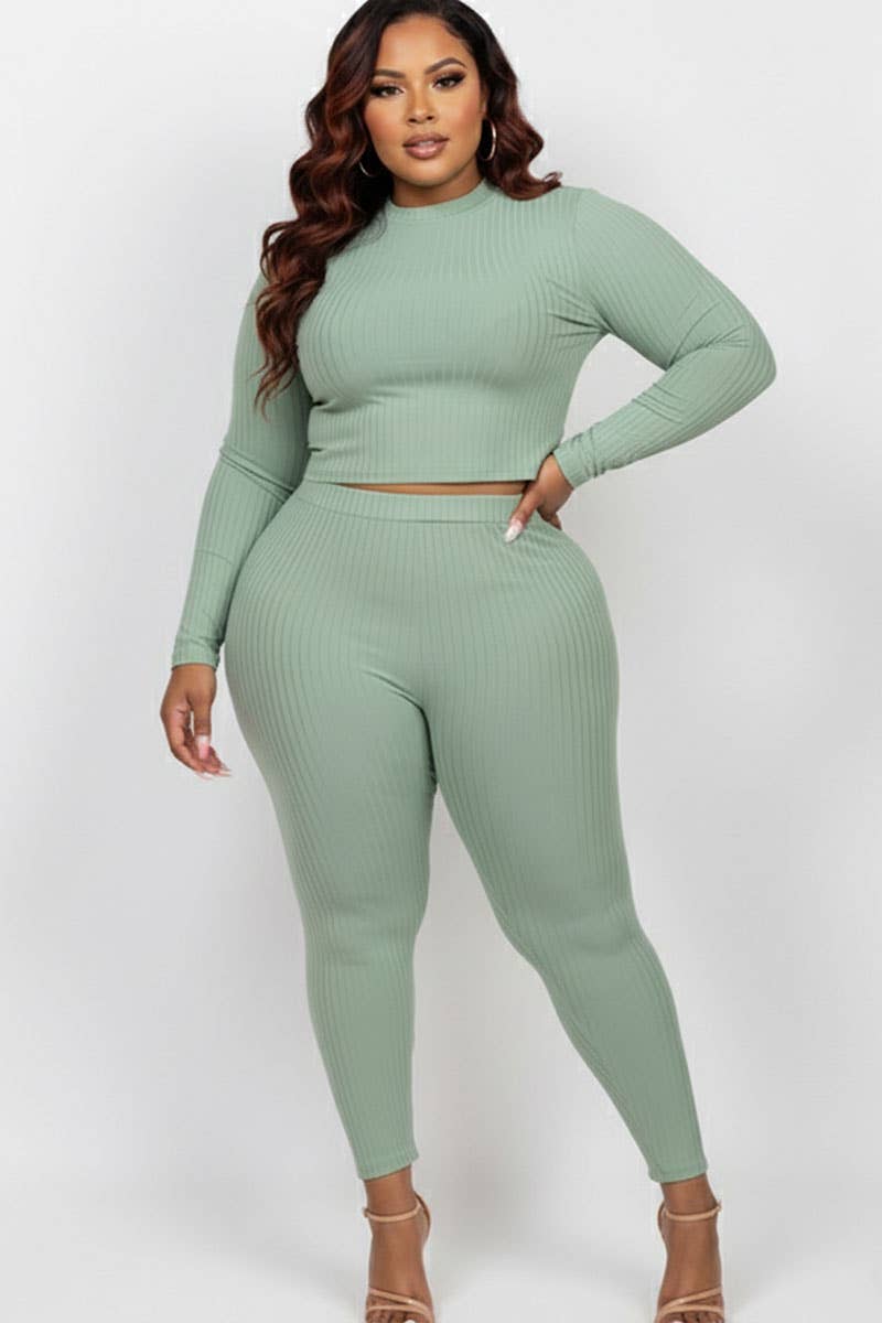 Plus Size Ribbed Mock Neck Long Sleeve Top & Leggings Set