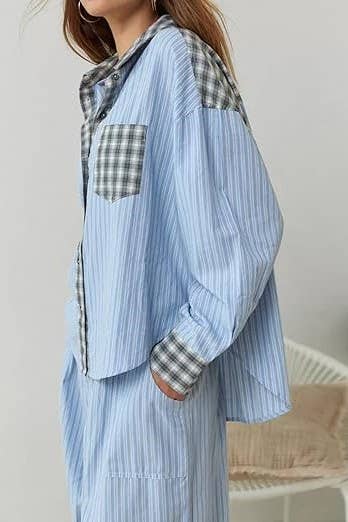 Pink plaid patchwork loose pajama set