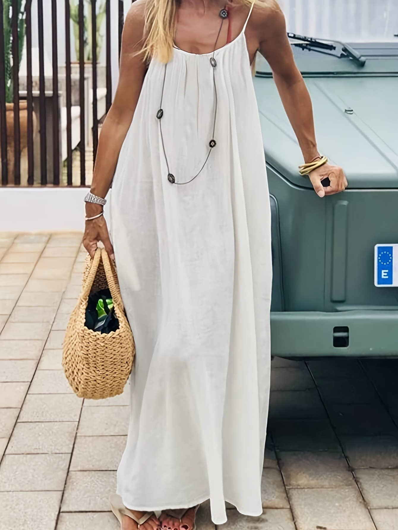 Solid Strap Backless Sundress Loose Maxi Beach Dress