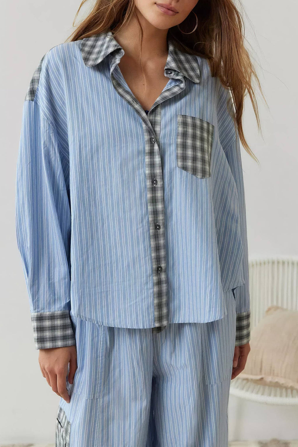 Pink plaid patchwork loose pajama set