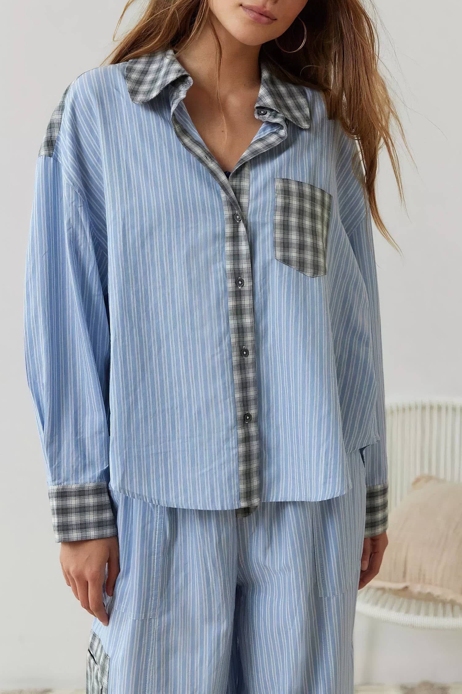 Pink plaid patchwork loose pajama set