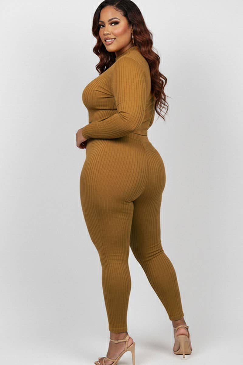 Plus Size Ribbed Mock Neck Long Sleeve Top & Leggings Set
