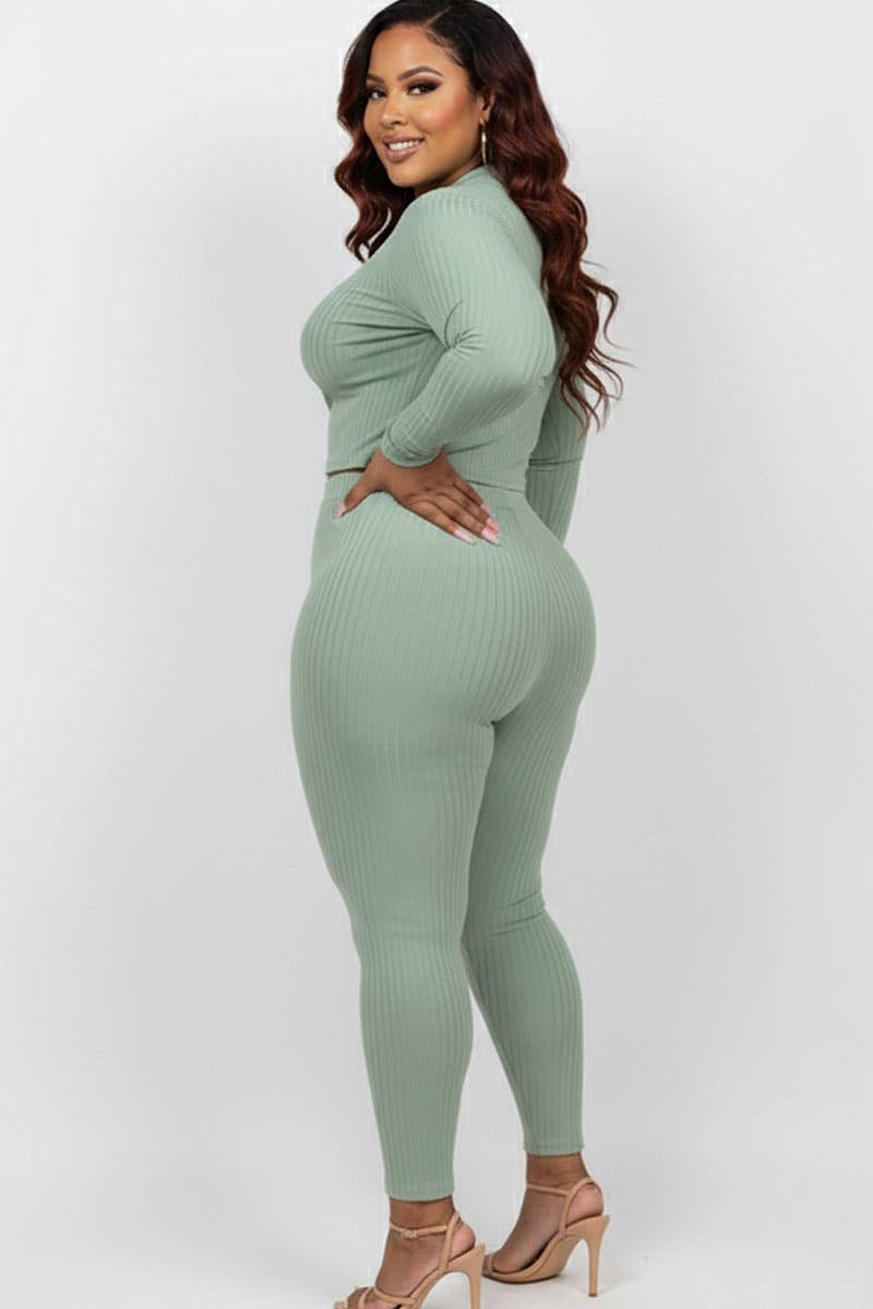 Plus Size Ribbed Mock Neck Long Sleeve Top & Leggings Set