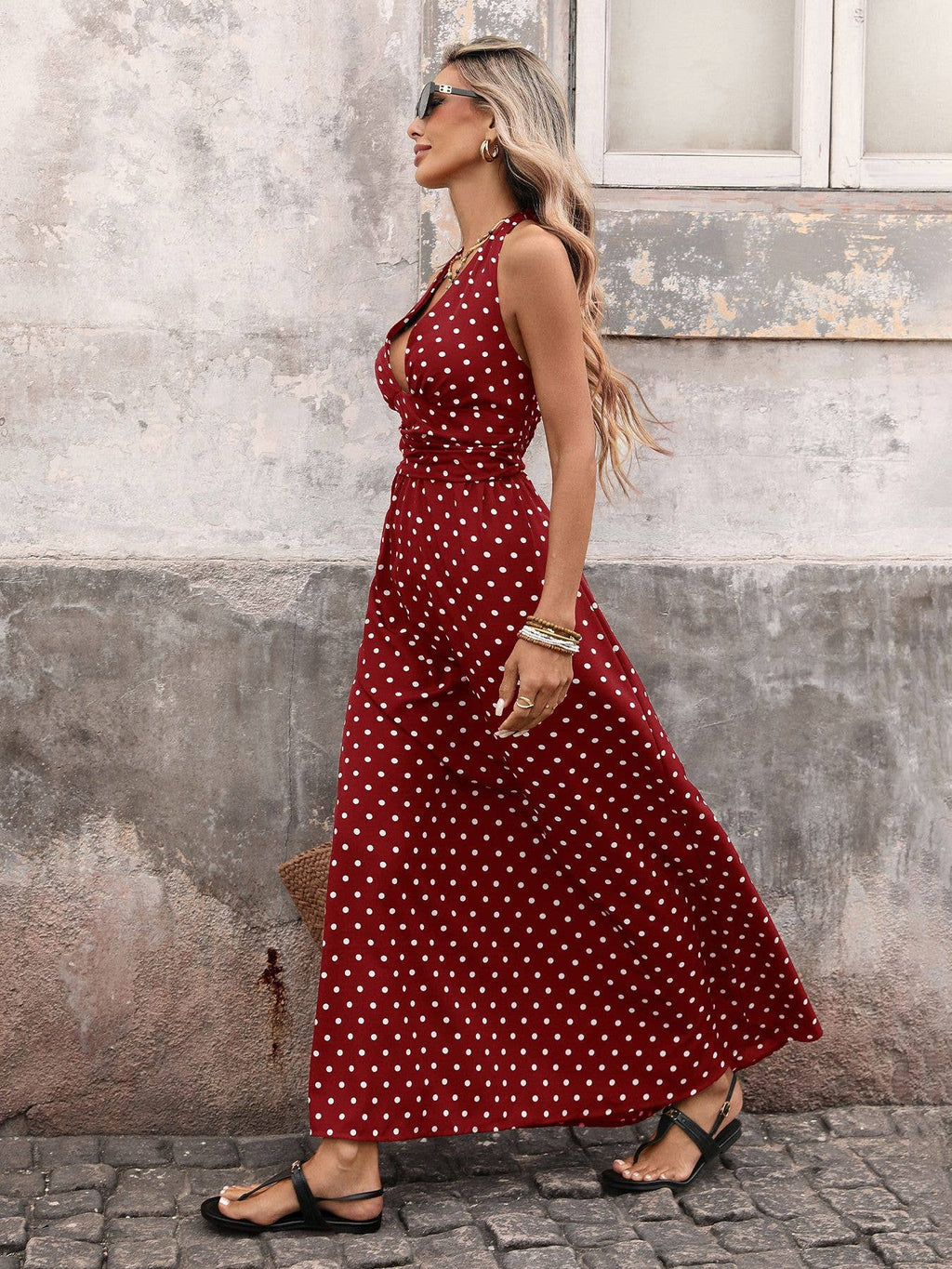 Polka Dot Halter Deep V Resort Maxi Dress