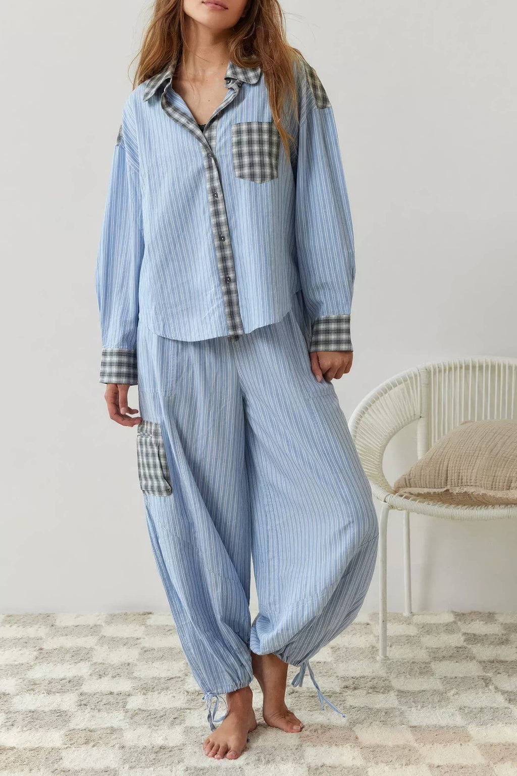 Pink plaid patchwork loose pajama set