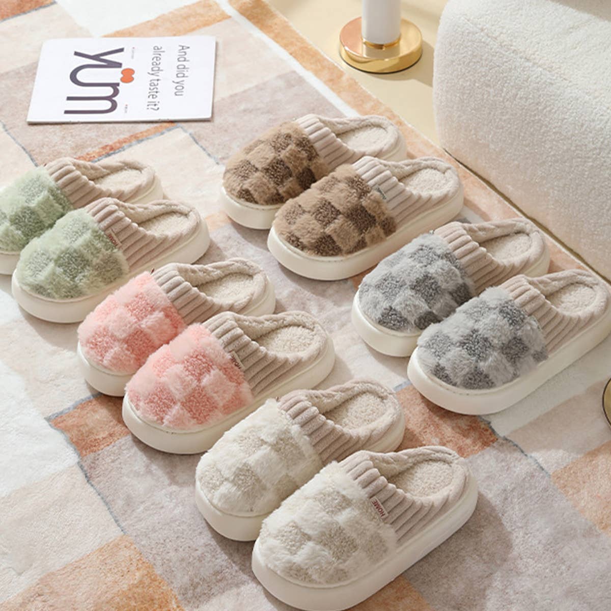 Checkered Fuzzy Warm Slippers – Cozy & Stylish