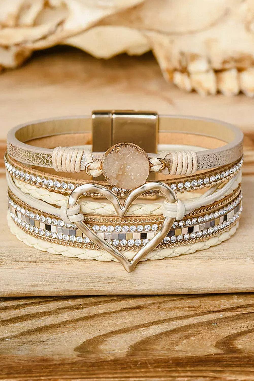 Boho Layered Heart Charm Rhinestone Magnetic Bracelet