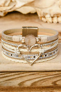 Boho Layered Heart Charm Rhinestone Magnetic Bracelet
