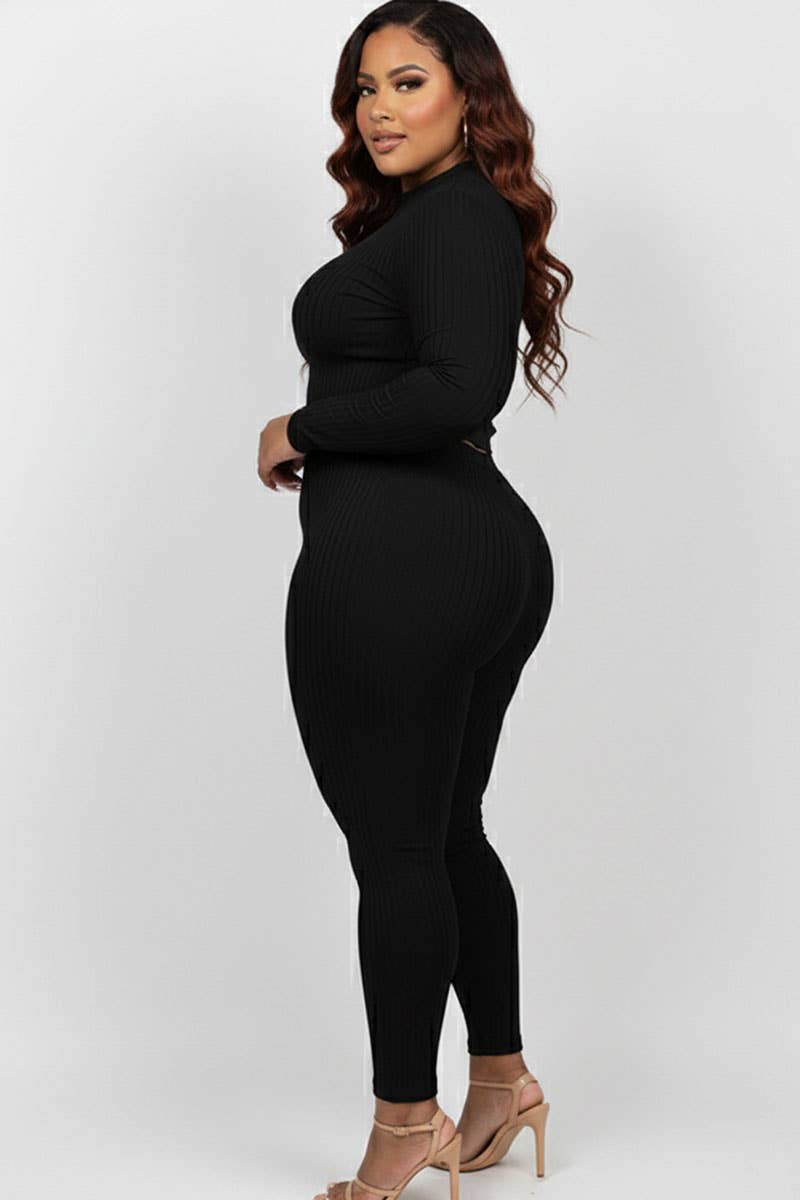 Plus Size Ribbed Mock Neck Long Sleeve Top & Leggings Set