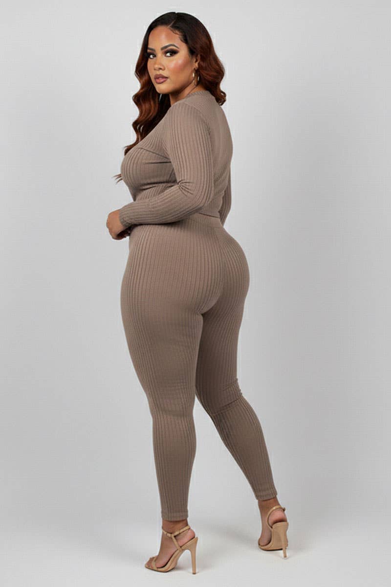 Plus Size Ribbed Mock Neck Long Sleeve Top & Leggings Set