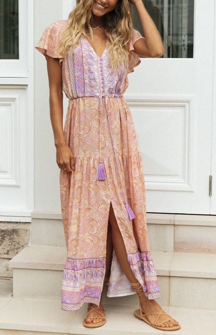 Bohemia Border Print Flutter Sleeve Maxi Dress