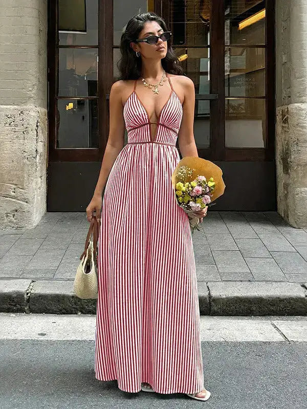 Striped Blend MaxiDress Boho Halter Backless Vacation