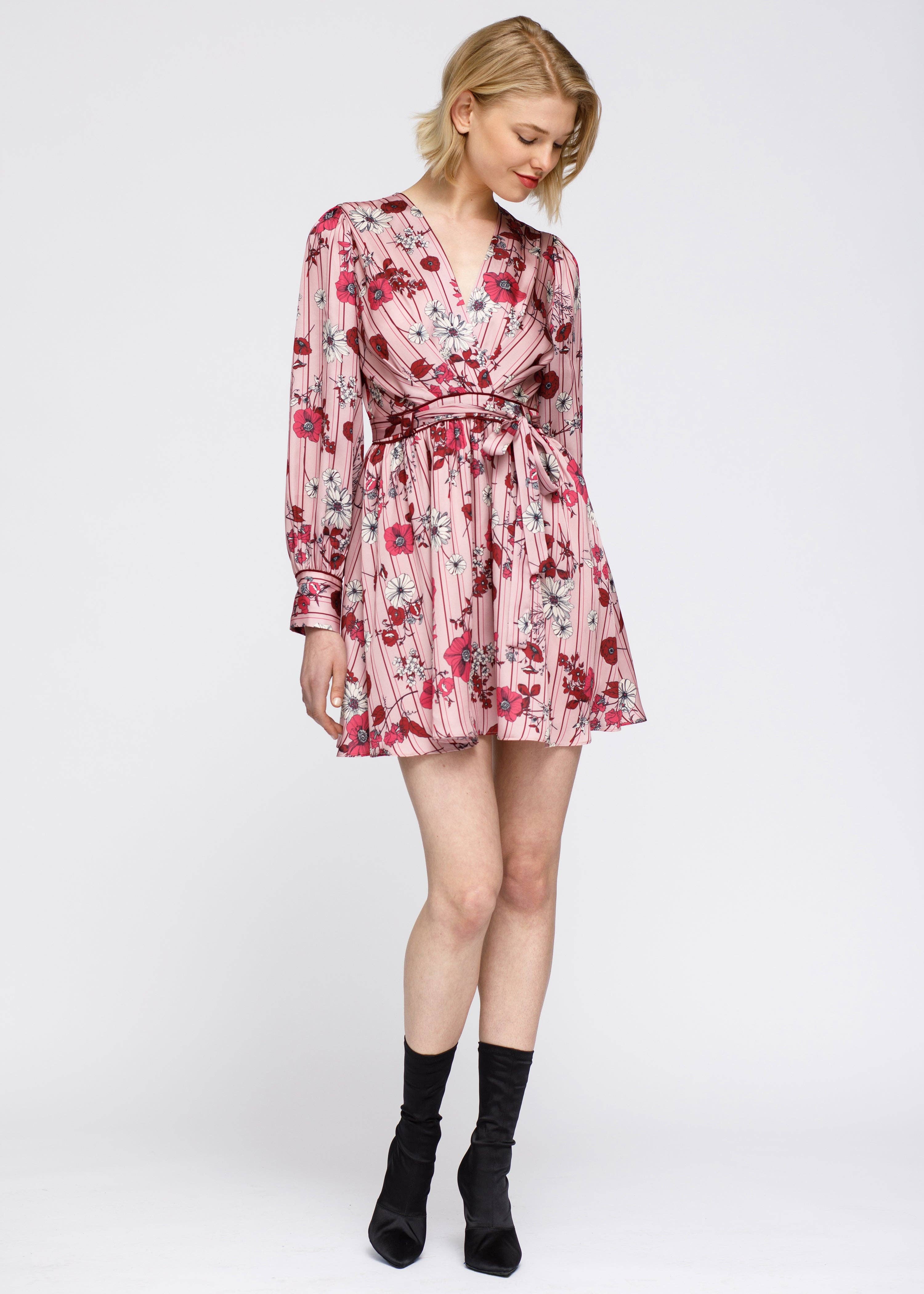 Nurode's Pajama floral Satin Wrap Front Flared Dress