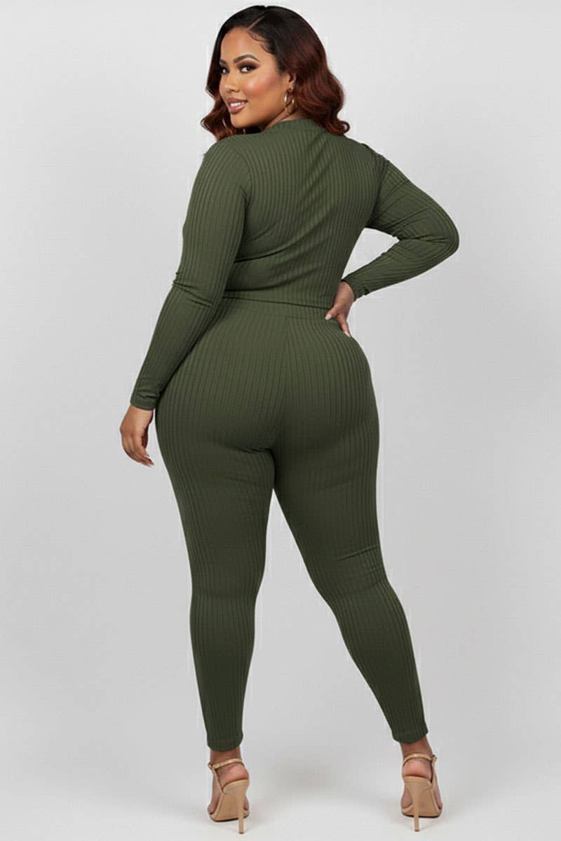 Plus Size Ribbed Mock Neck Long Sleeve Top & Leggings Set