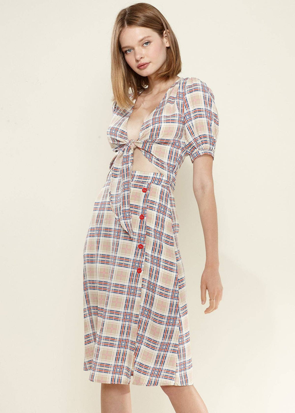 Nurode's Multi Check Front Tie Hem Blouse